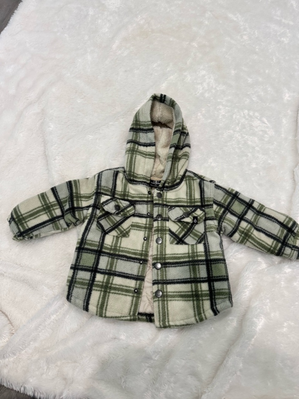 Volcom Green and Cream Plaid Sherpa Hooded Jacket